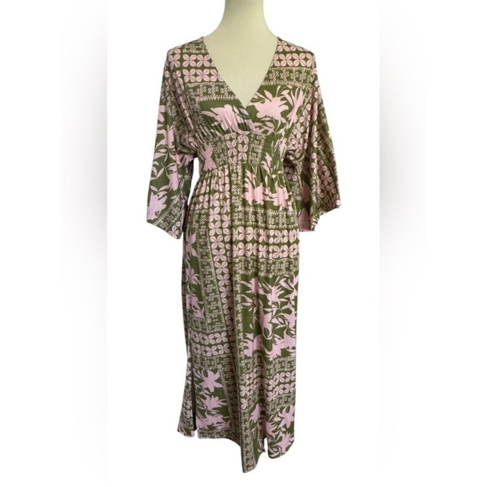 Unbranded Green & Pink Floral Boho Tropical Maxi Dress Kimono Sleeve Size Small - Picture 2 of 13